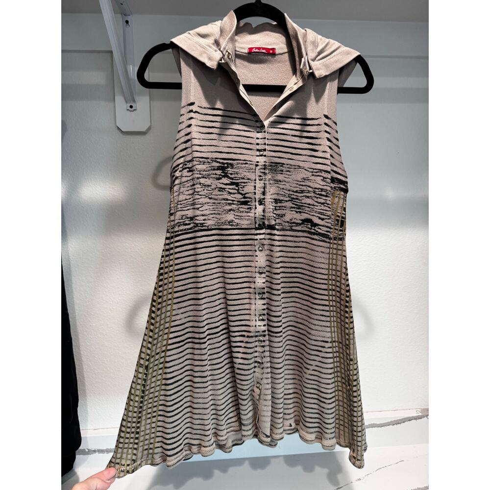 Barbara Lesser Small Sleeveless Collared Tunic Top Beige Black‎ Stripe Boho Chic